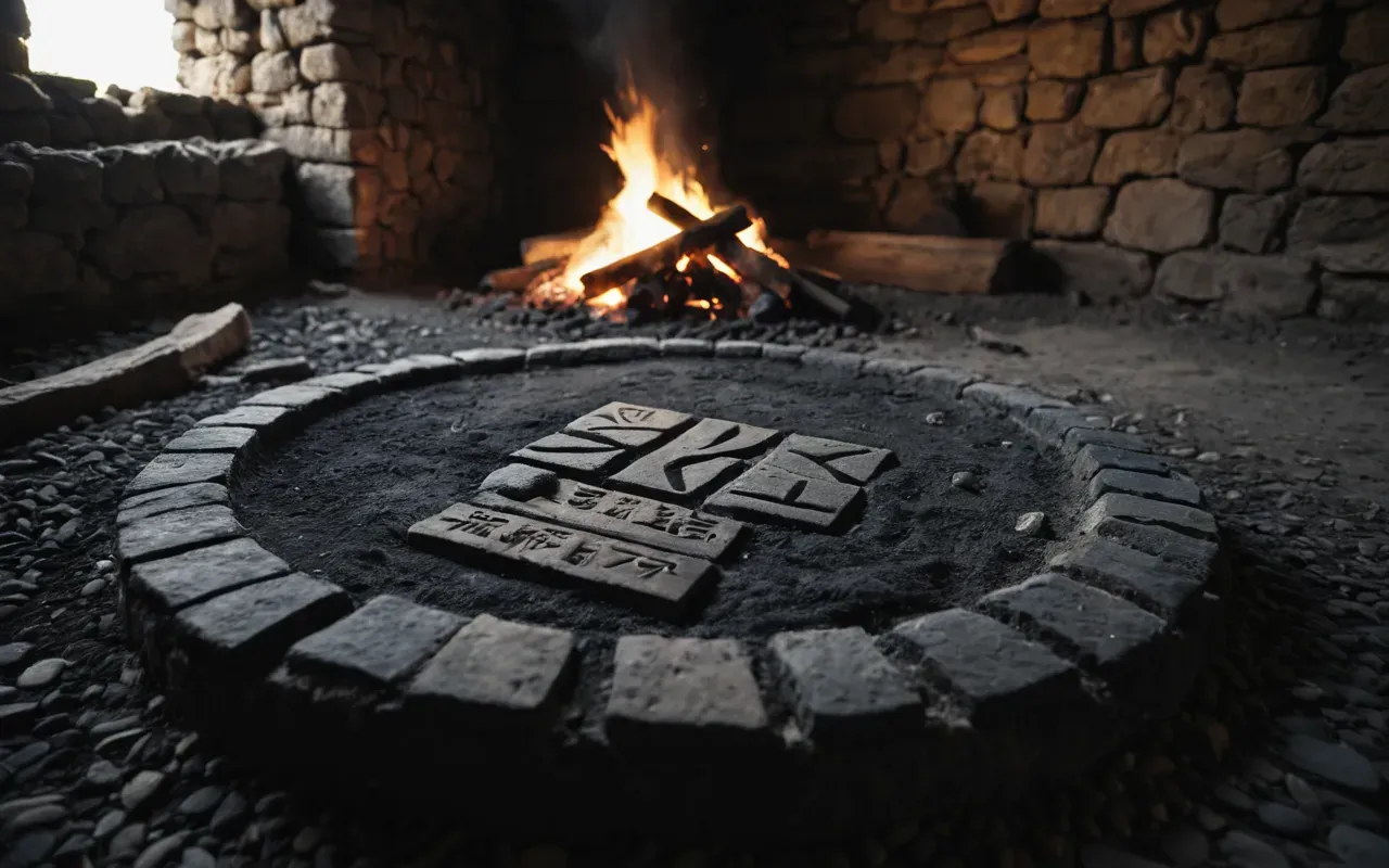 ancient cooking remains Wide shot of an ancient stone hearth with charred grain remnants in a dimly lit excavation site with natural light shafts