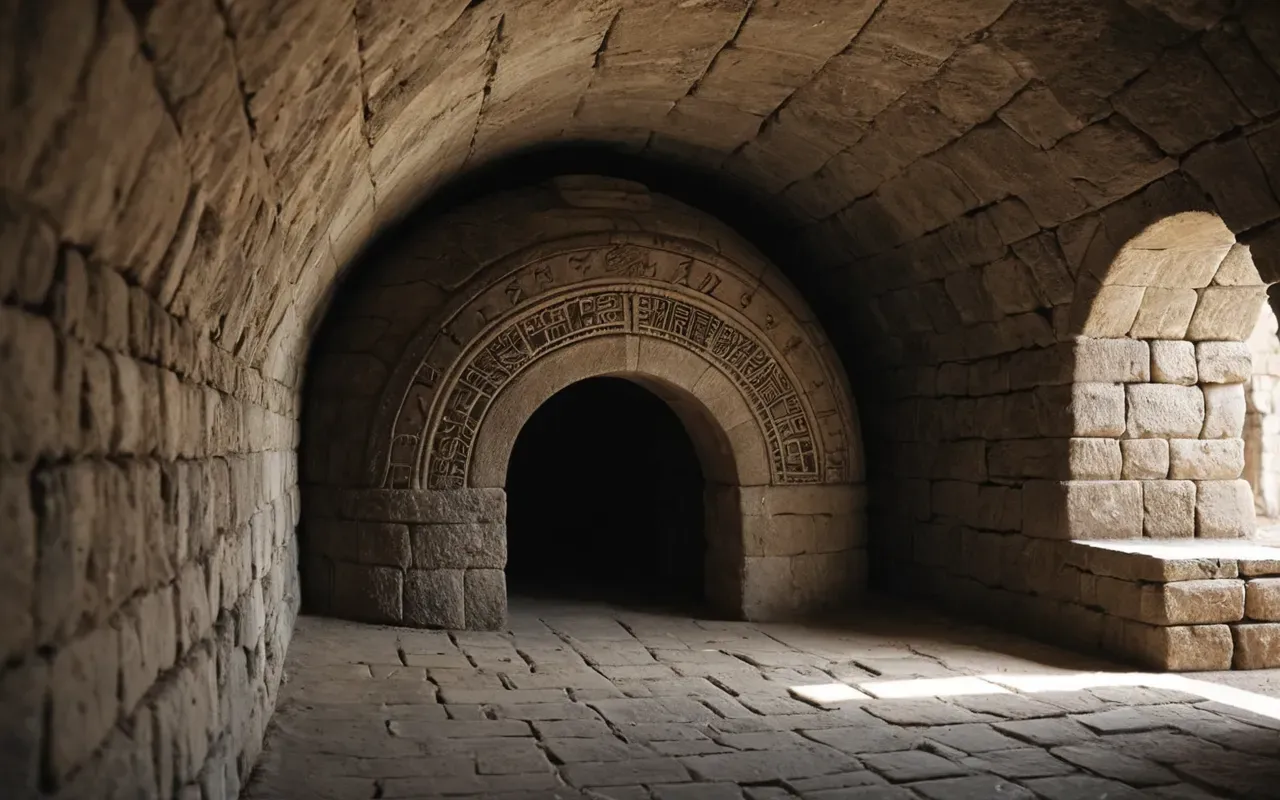 underground stone storage chamber Wide shot of an underground stone chamber with smooth curved walls and a small opening at the top letting in soft natural light creating a serene atmosphere without any text.